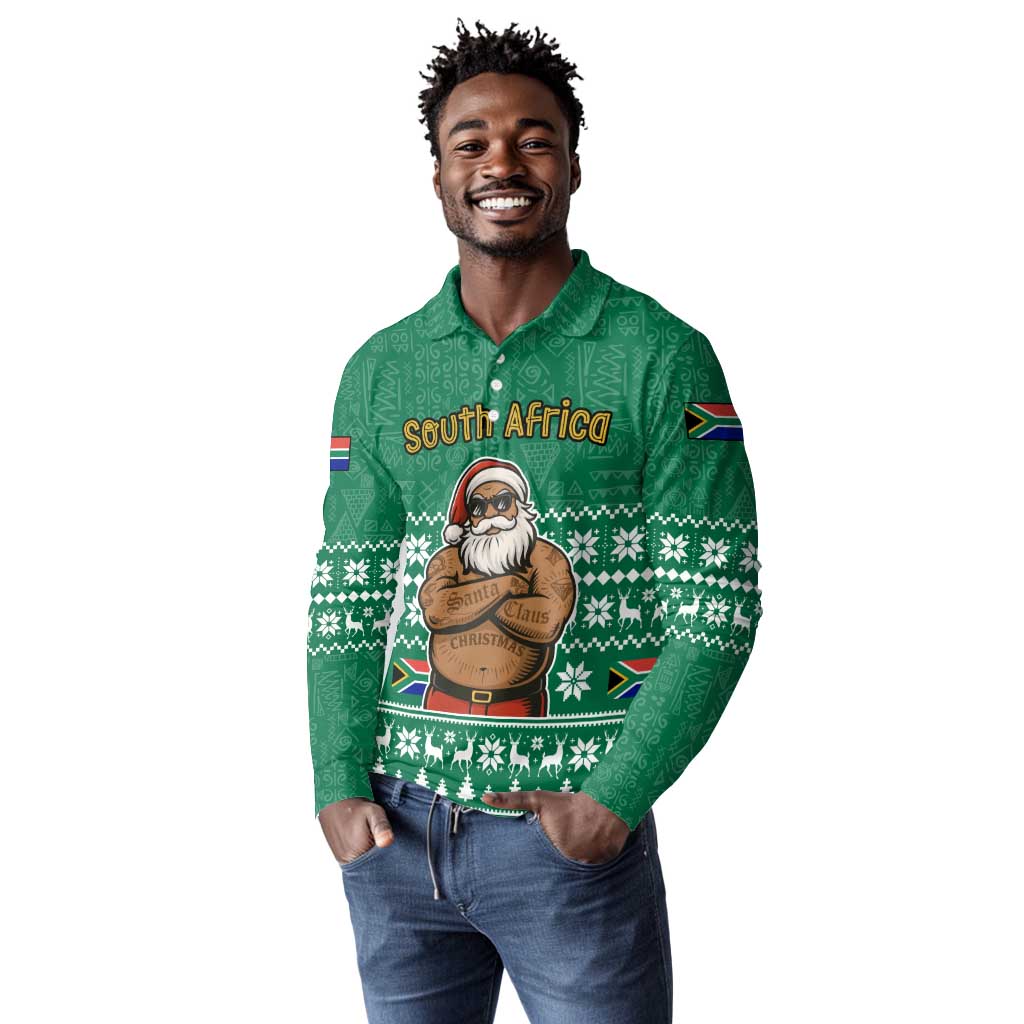 South Africa Christmas Long Sleeve Polo Shirt Christmas Santa Claus Tattoo - African Pride