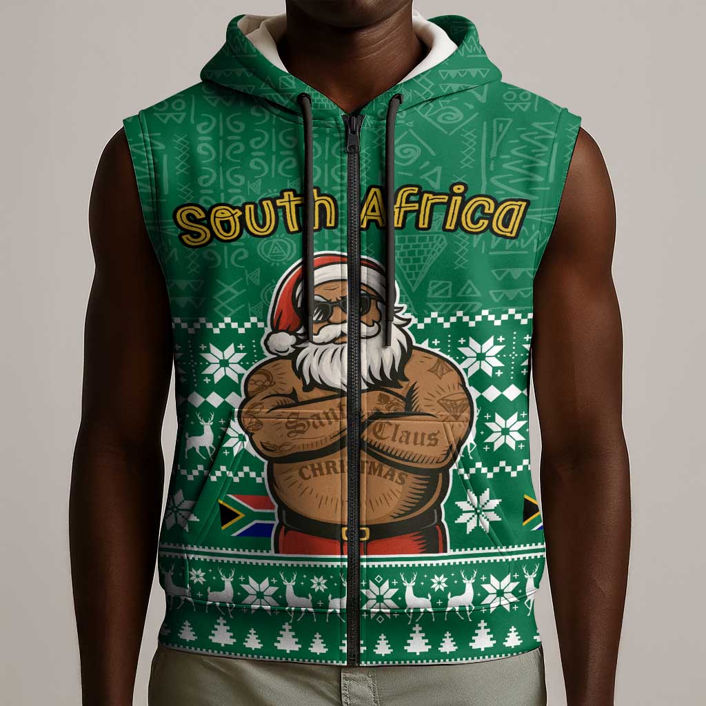 South Africa Christmas Sleeveless Zip Hoodie Christmas Santa Claus Tattoo - African Pride