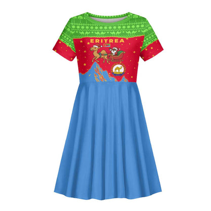 Eritrea Christmas Kid Short Sleeve Dress Santa Claus Camel Sleigh National Emblem - African Pride