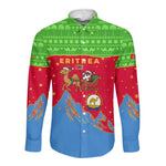 Eritrea Christmas Long Sleeve Button Shirt Santa Claus Camel Sleigh National Emblem - African Pride