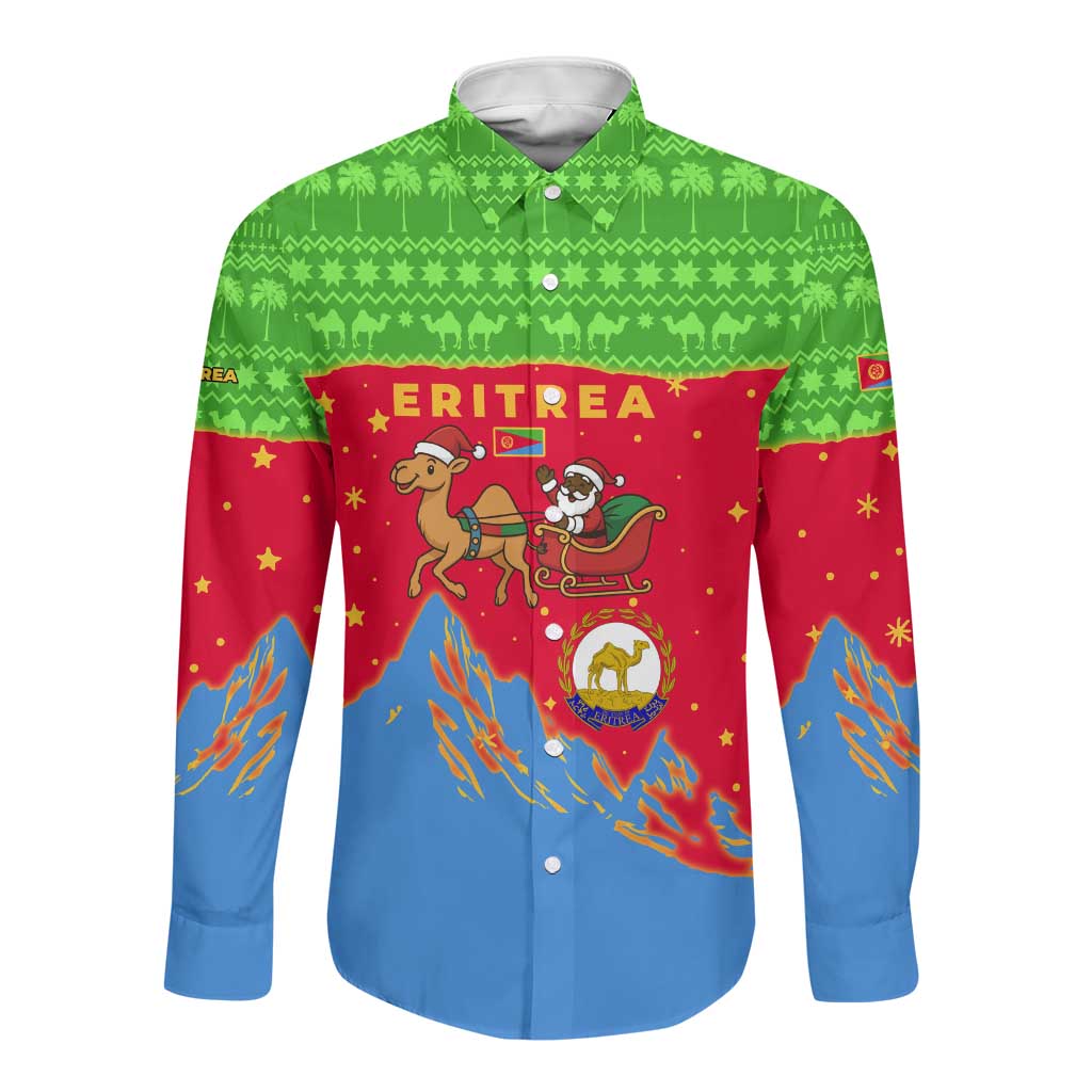 Eritrea Christmas Long Sleeve Button Shirt Santa Claus Camel Sleigh National Emblem - African Pride