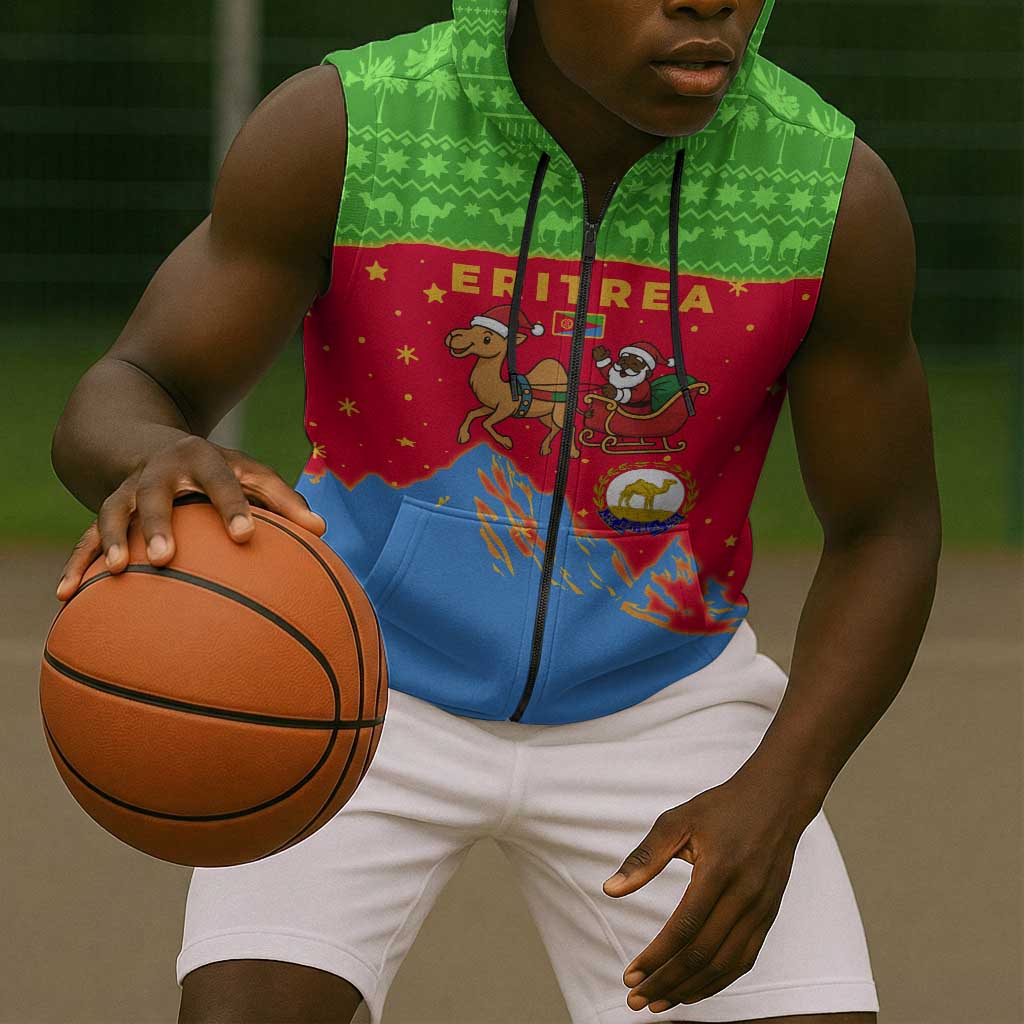 Eritrea Christmas Sleeveless Zip Hoodie Santa Claus Camel Sleigh National Emblem - African Pride