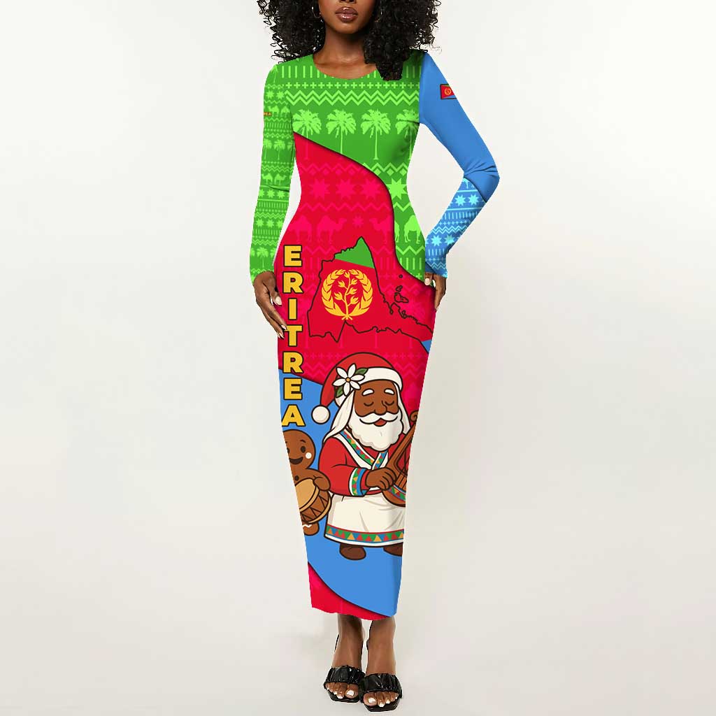 Eritrea Christmas Long Sleeve Bodycon Dress African Santa Gingerbread Harp National Flag Colors - African Pride