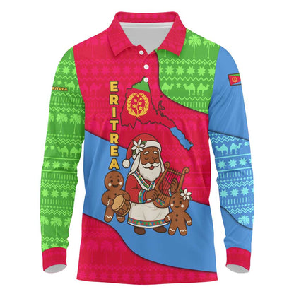 Eritrea Christmas Long Sleeve Polo Shirt African Santa Gingerbread Harp National Flag Colors - African Pride