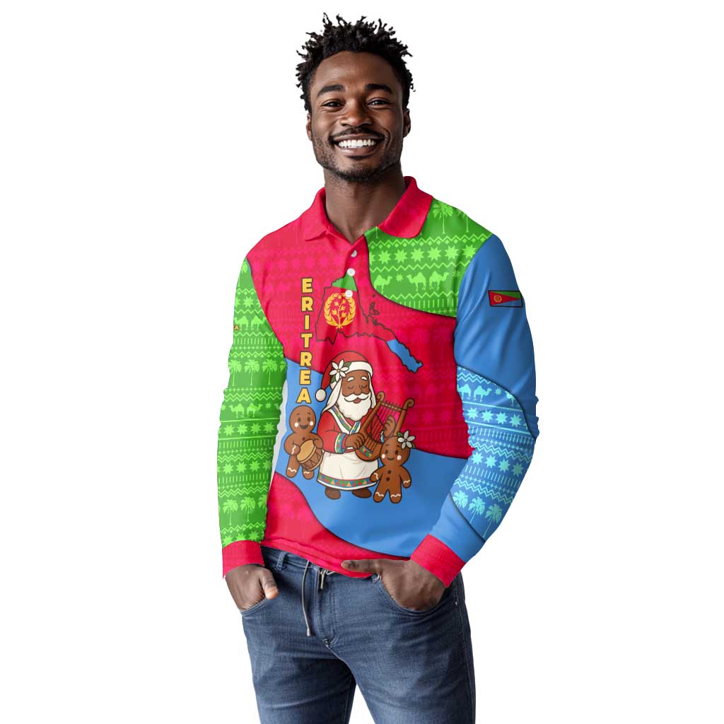 Eritrea Christmas Long Sleeve Polo Shirt African Santa Gingerbread Harp National Flag Colors - African Pride