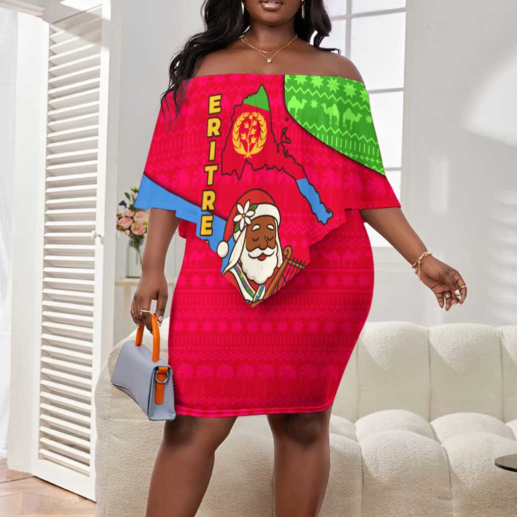 Eritrea Christmas Off Shoulder Short Dress African Santa Gingerbread Harp National Flag Colors - African Pride
