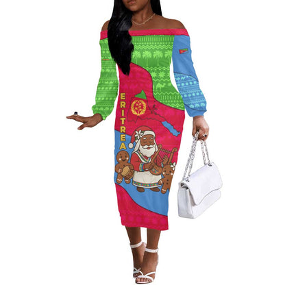 Eritrea Christmas Off The Shoulder Long Sleeve Dress African Santa Gingerbread Harp National Flag Colors - African Pride