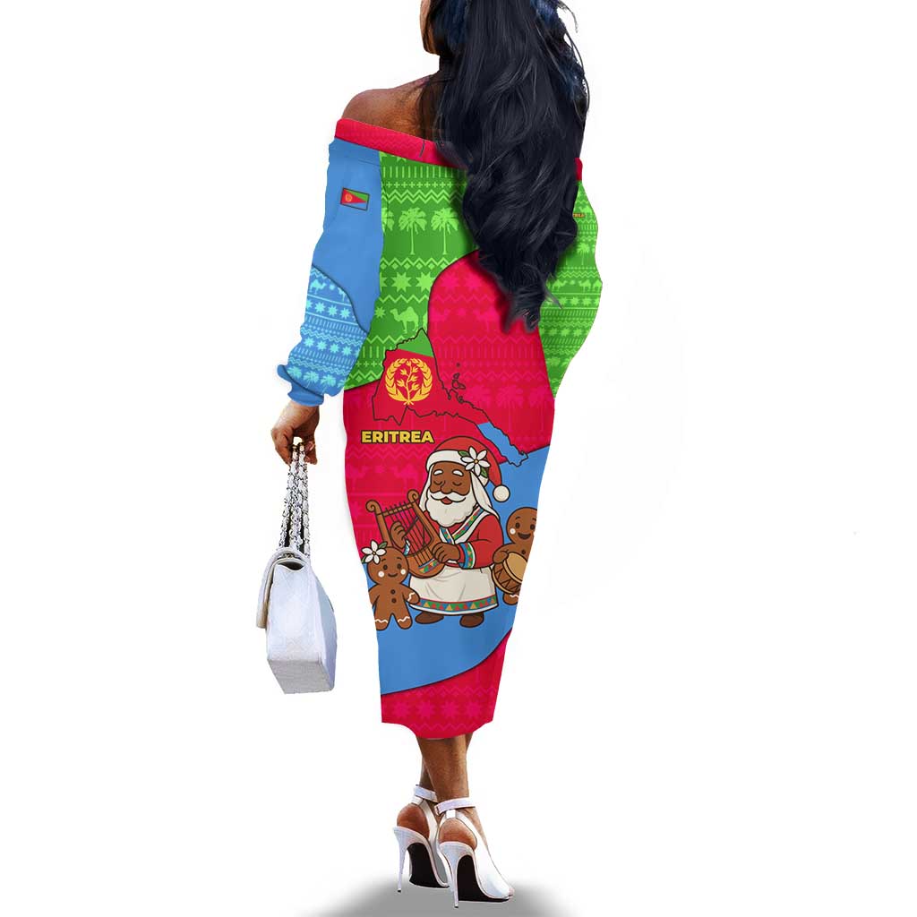 Eritrea Christmas Off The Shoulder Long Sleeve Dress African Santa Gingerbread Harp National Flag Colors - African Pride