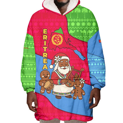 Eritrea Christmas Wearable Blanket Hoodie African Santa Gingerbread Harp National Flag Colors - African Pride