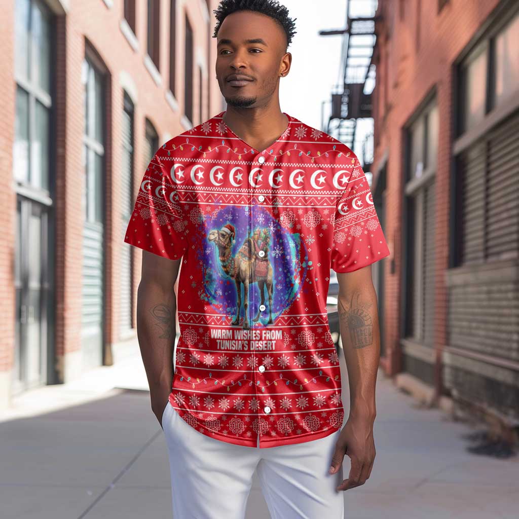 Tunisia Christmas Baseball Jersey Desert Camel Crescent Snowflake Pattern - African Pride