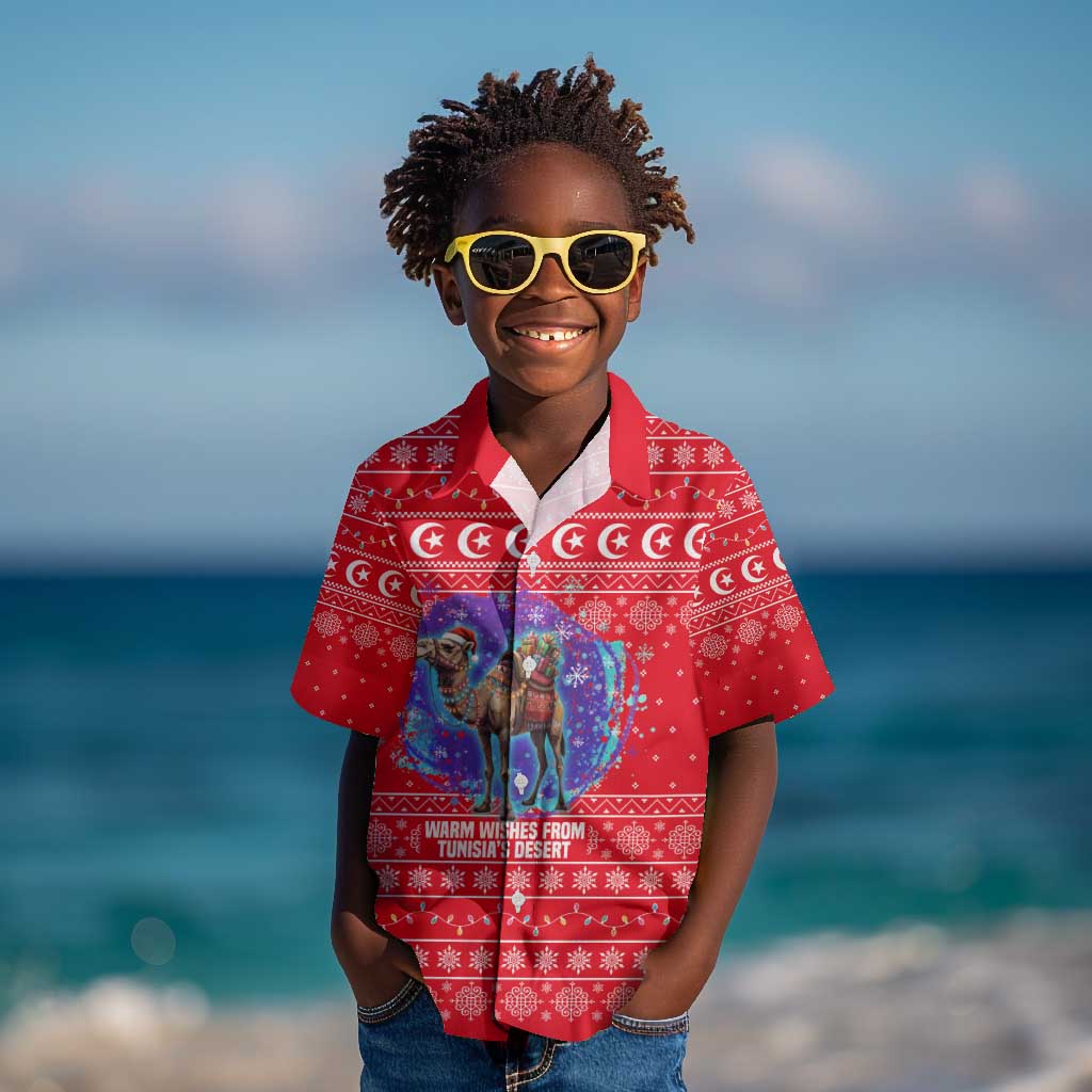 Tunisia Christmas Kid Hawaiian Shirt Desert Camel Crescent Snowflake Pattern - African Pride