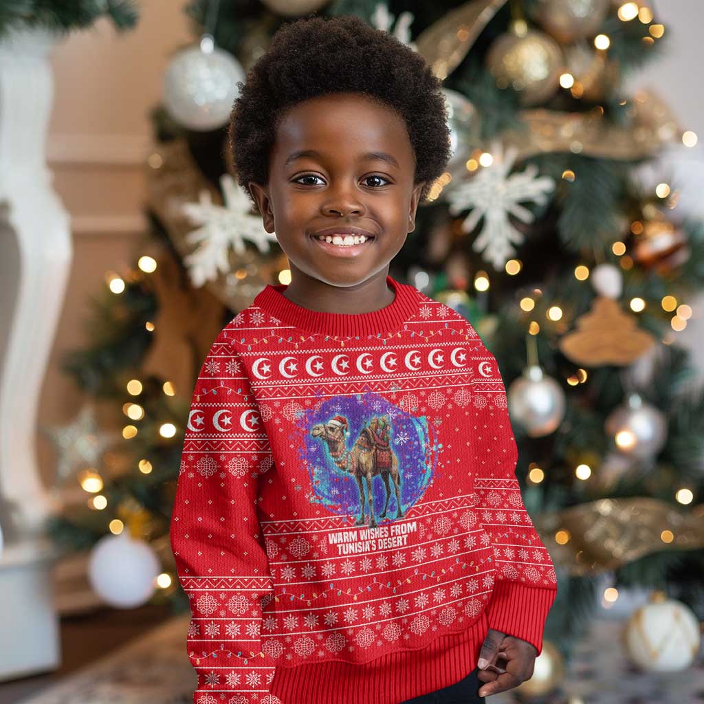 Tunisia Christmas Kid Ugly Christmas Sweater Desert Camel Crescent Snowflake Pattern - African Pride