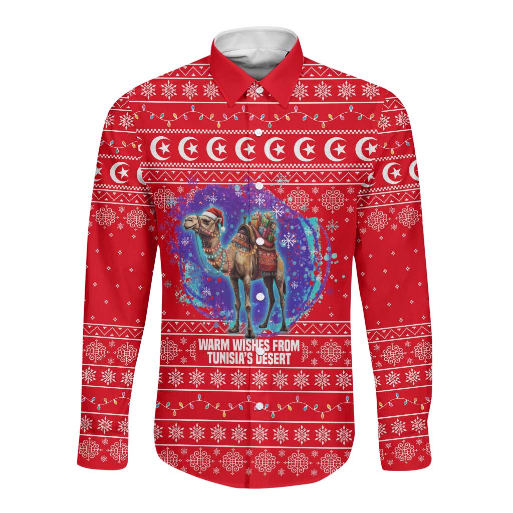 Tunisia Christmas Long Sleeve Button Shirt Desert Camel Crescent Snowflake Pattern - African Pride
