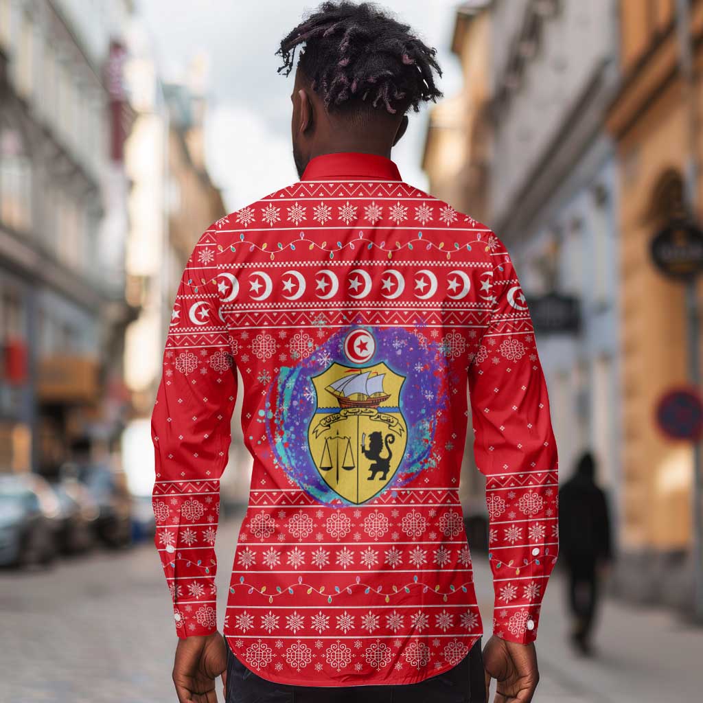 Tunisia Christmas Long Sleeve Button Shirt Desert Camel Crescent Snowflake Pattern - African Pride