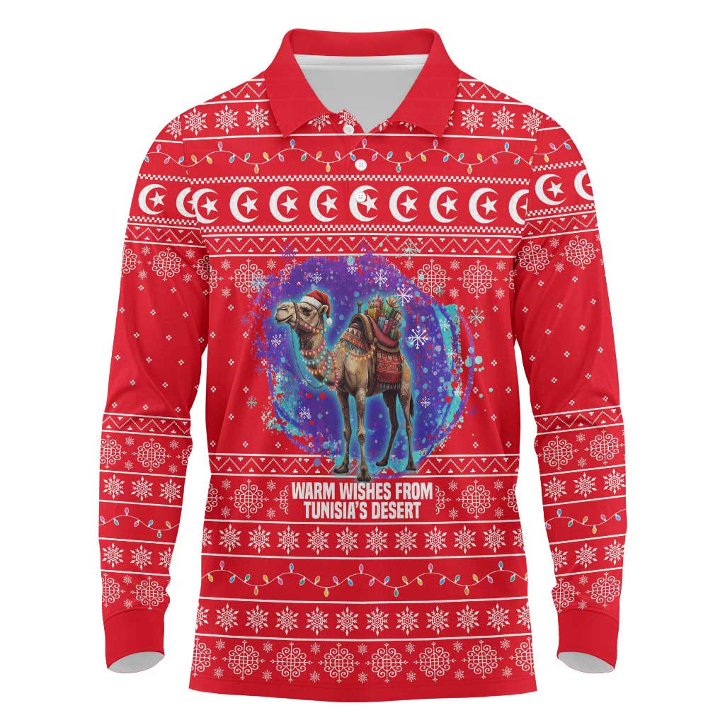 Tunisia Christmas Long Sleeve Polo Shirt Desert Camel Crescent Snowflake Pattern - African Pride