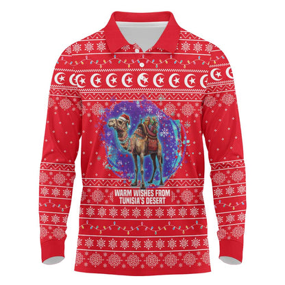 Tunisia Christmas Long Sleeve Polo Shirt Desert Camel Crescent Snowflake Pattern - African Pride