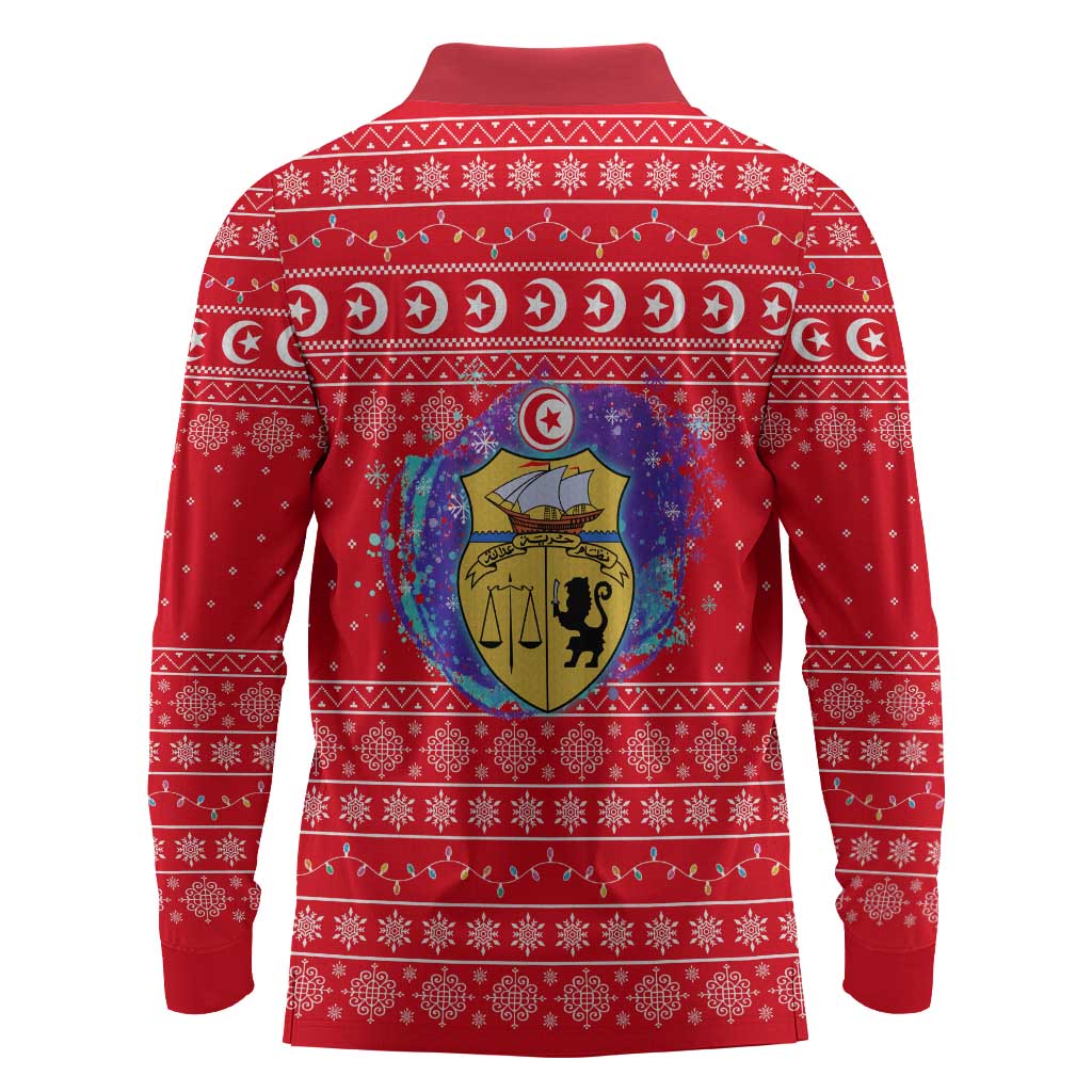Tunisia Christmas Long Sleeve Polo Shirt Desert Camel Crescent Snowflake Pattern - African Pride