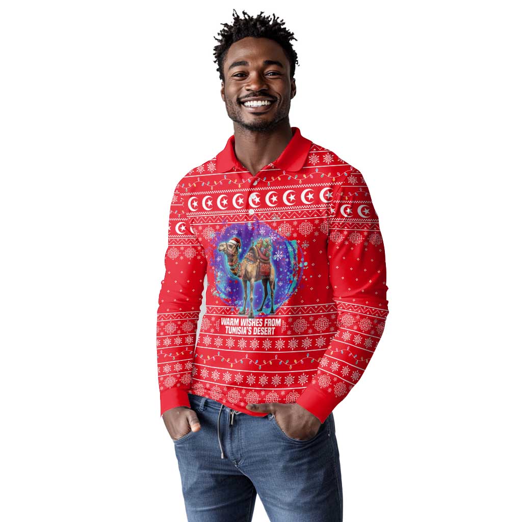 Tunisia Christmas Long Sleeve Polo Shirt Desert Camel Crescent Snowflake Pattern - African Pride