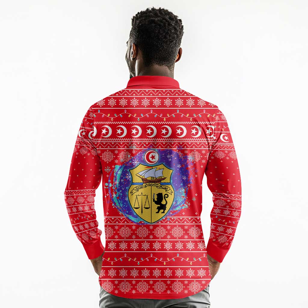 Tunisia Christmas Long Sleeve Polo Shirt Desert Camel Crescent Snowflake Pattern - African Pride