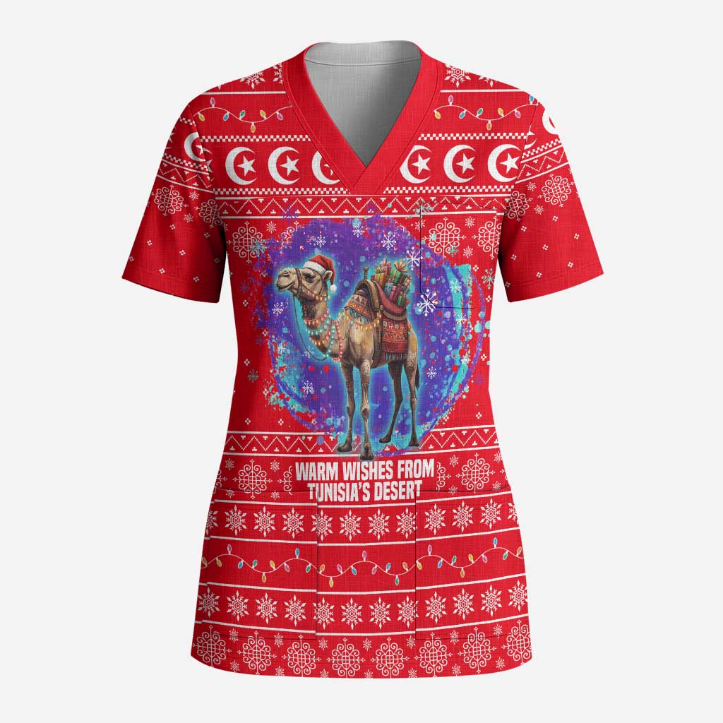 Tunisia Christmas Scrub Top Desert Camel Crescent Snowflake Pattern - African Pride