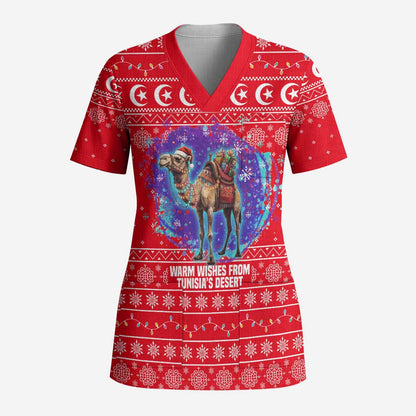 Tunisia Christmas Scrub Top Desert Camel Crescent Snowflake Pattern - African Pride