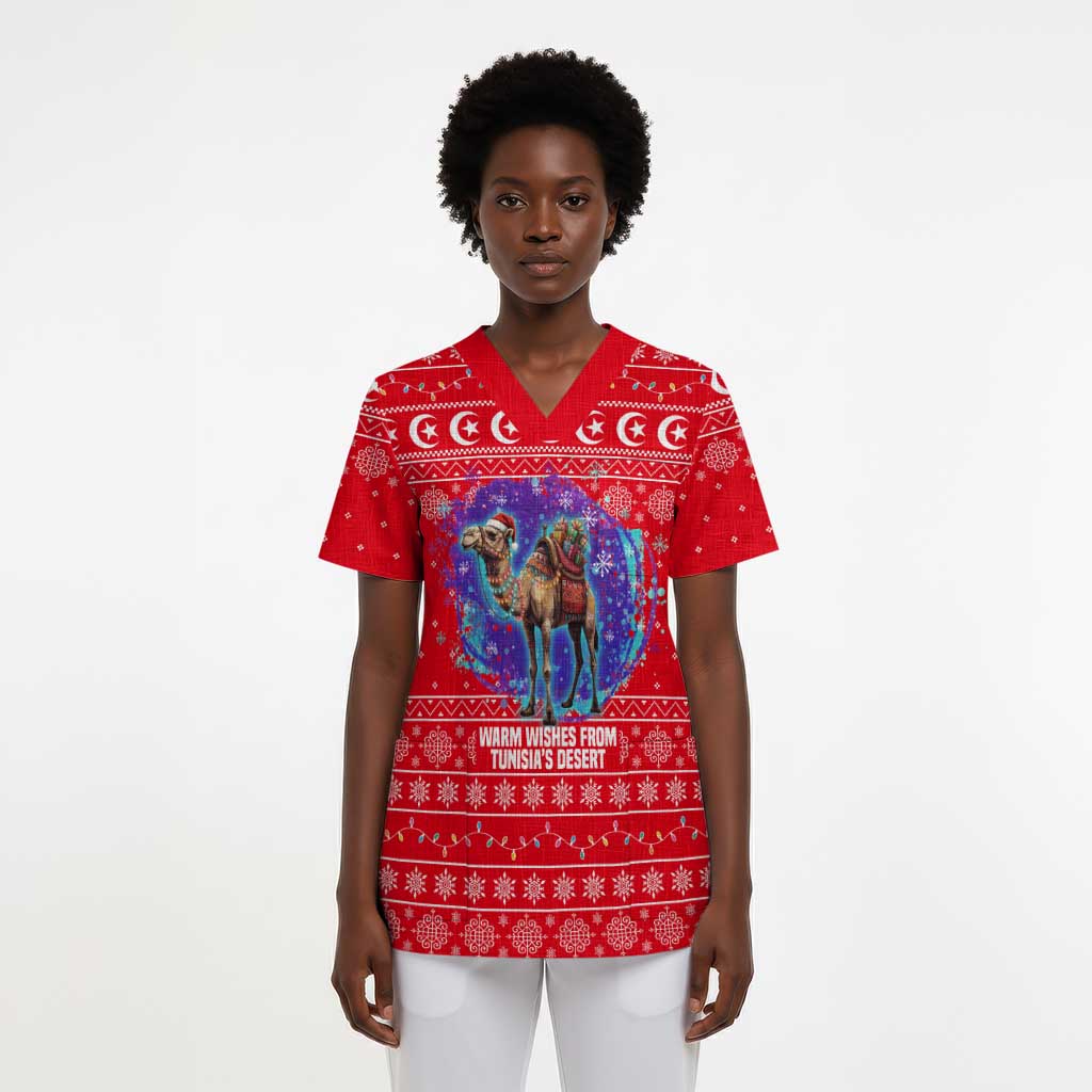 Tunisia Christmas Scrub Top Desert Camel Crescent Snowflake Pattern - African Pride