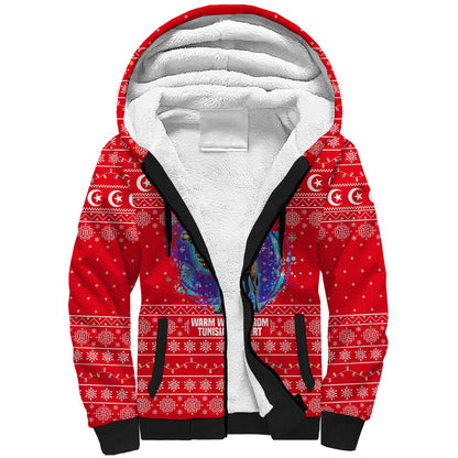 Tunisia Christmas Sherpa Hoodie Desert Camel Crescent Snowflake Pattern - African Pride