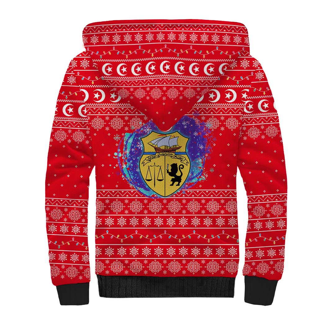 Tunisia Christmas Sherpa Hoodie Desert Camel Crescent Snowflake Pattern - African Pride