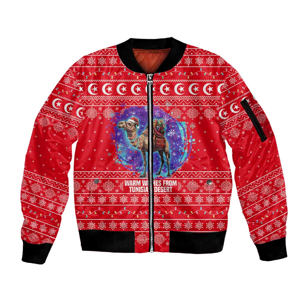 Tunisia Christmas Sleeve Zip Bomber Jacket Desert Camel Crescent Snowflake Pattern - African Pride