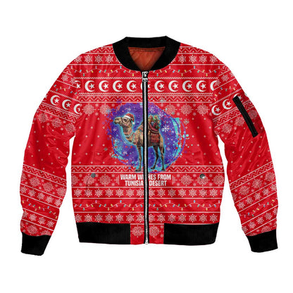 Tunisia Christmas Sleeve Zip Bomber Jacket Desert Camel Crescent Snowflake Pattern - African Pride