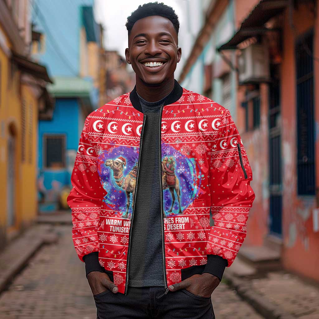Tunisia Christmas Sleeve Zip Bomber Jacket Desert Camel Crescent Snowflake Pattern - African Pride