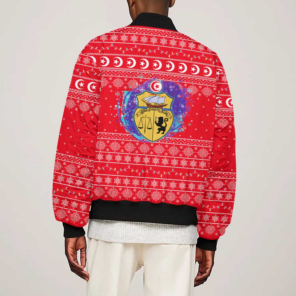 Tunisia Christmas Sleeve Zip Bomber Jacket Desert Camel Crescent Snowflake Pattern - African Pride