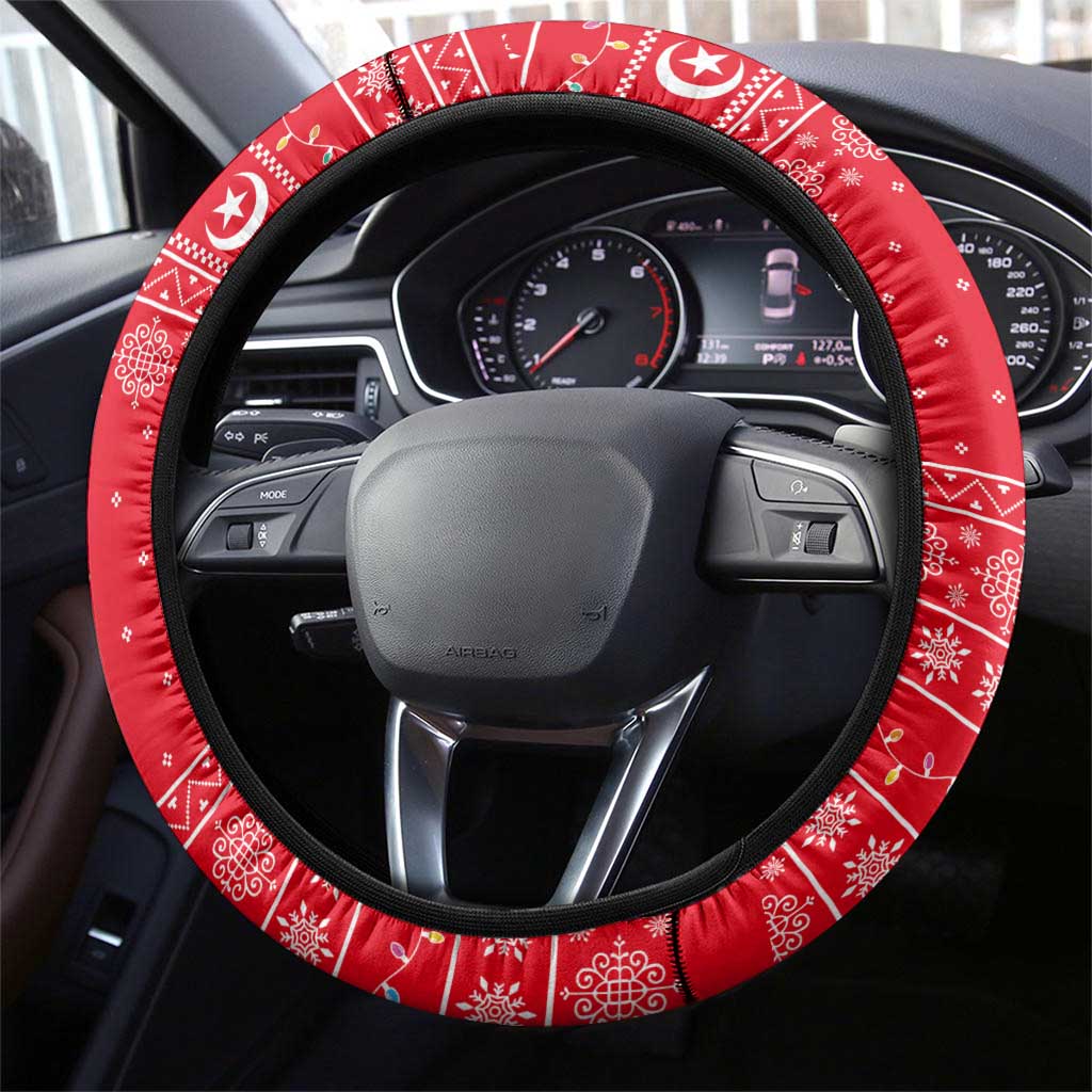 Tunisia Christmas Steering Wheel Cover Desert Camel Crescent Snowflake Pattern - African Pride
