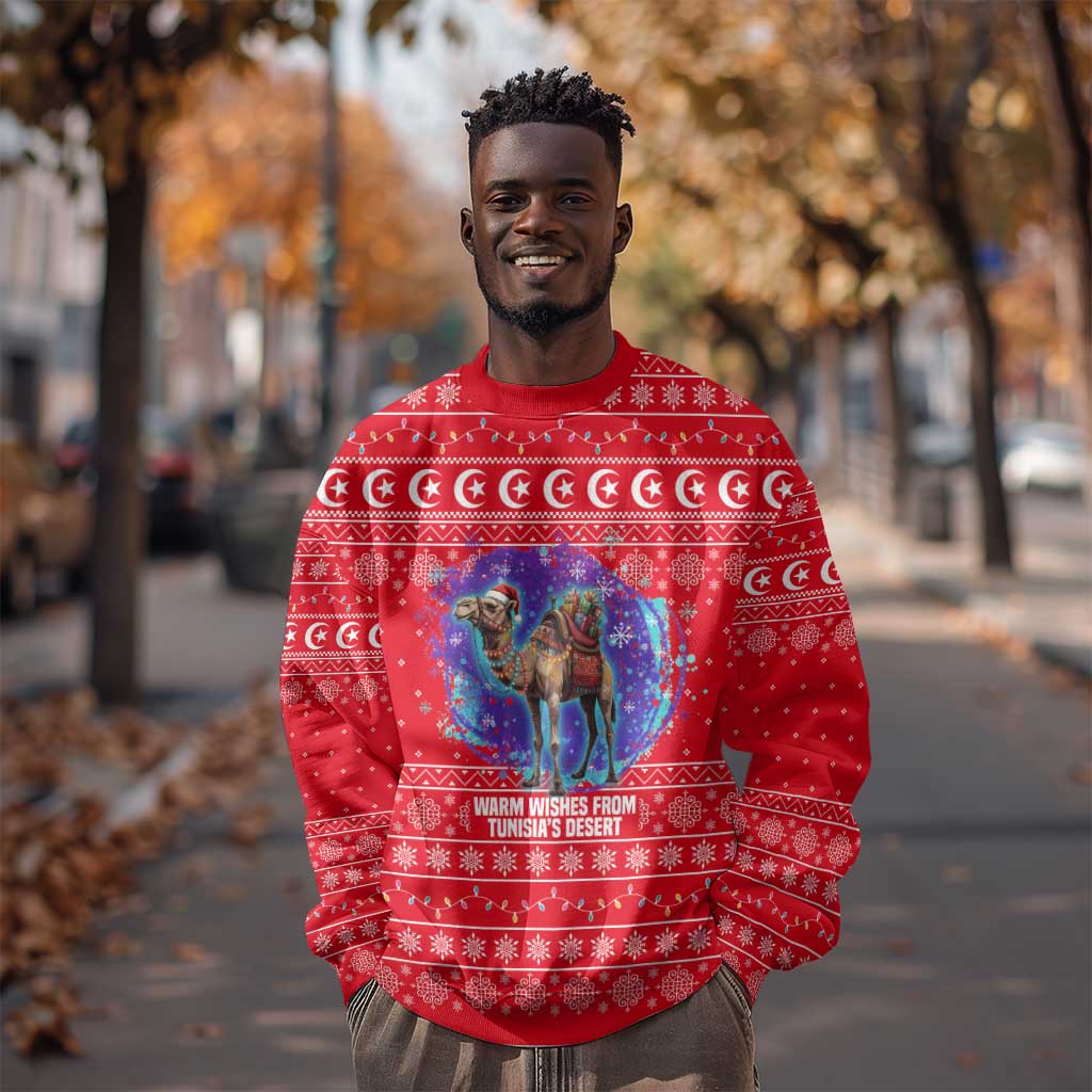 Tunisia Christmas Sweatshirt Desert Camel Crescent Snowflake Pattern - African Pride
