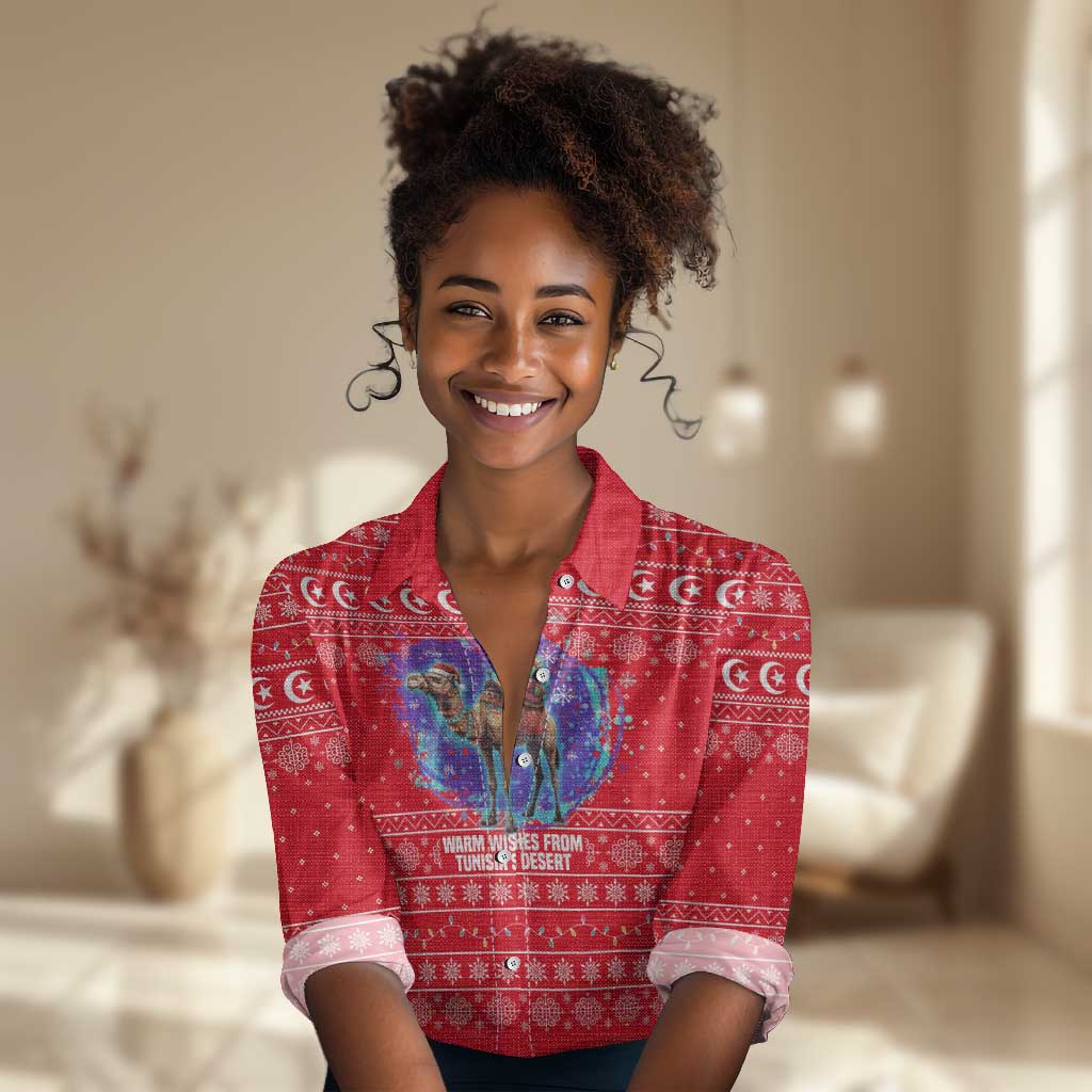 Tunisia Christmas Women Casual Shirt Desert Camel Crescent Snowflake Pattern - African Pride