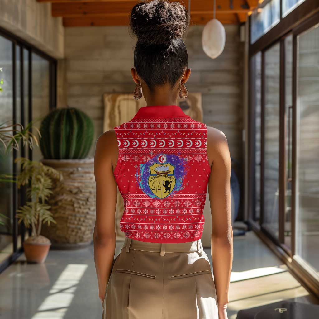 Tunisia Christmas Women Sleeveless Polo Shirt Desert Camel Crescent Snowflake Pattern - African Pride