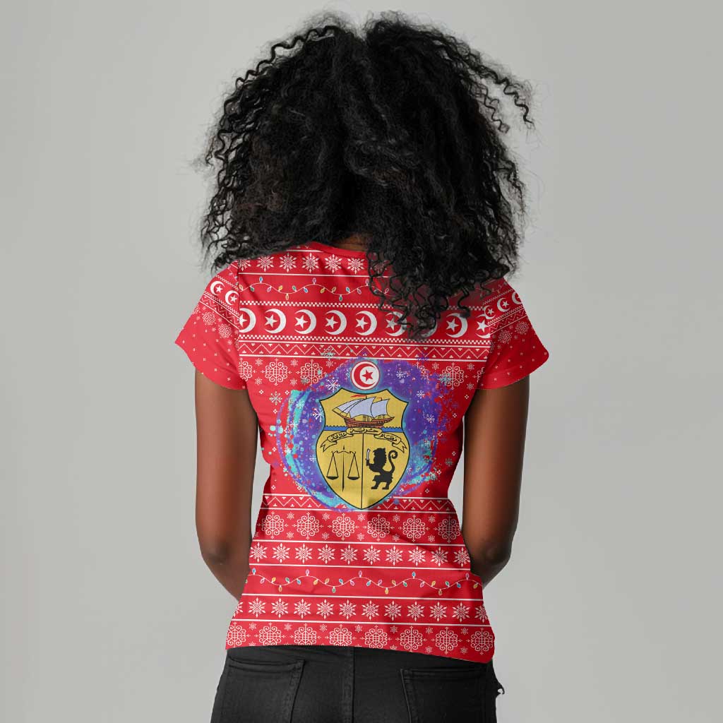 Tunisia Christmas Women V-Neck T-Shirt Desert Camel Crescent Snowflake Pattern - African Pride