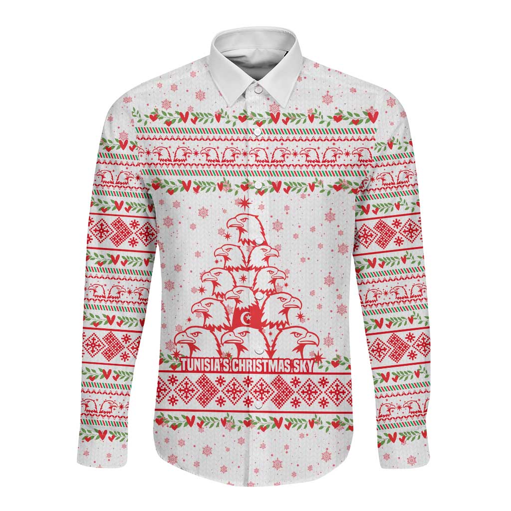 Tunisia Christmas Long Sleeve Button Shirt Falcon Tree Snowflake and Festive Borders - African Pride
