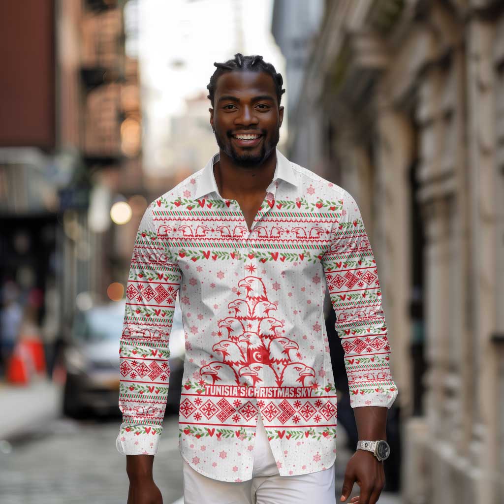 Tunisia Christmas Long Sleeve Button Shirt Falcon Tree Snowflake and Festive Borders - African Pride