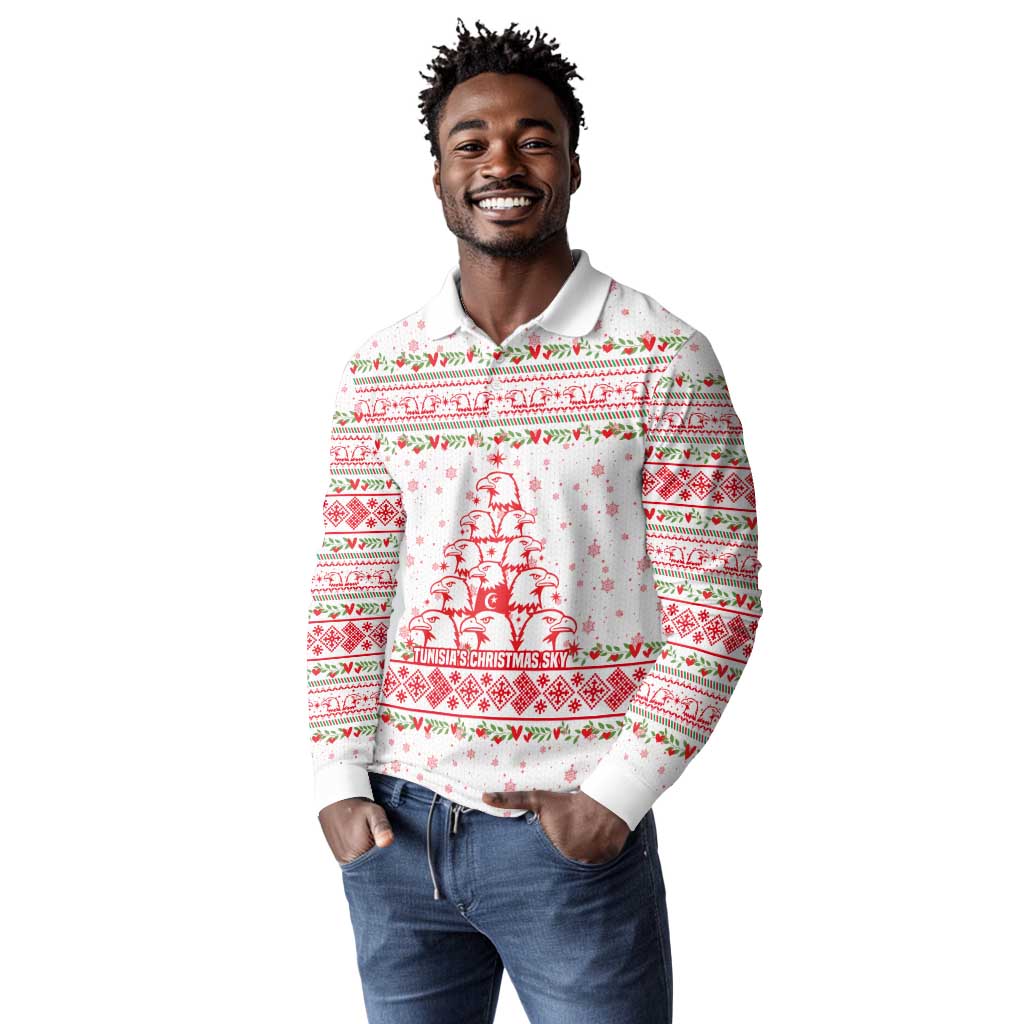 Tunisia Christmas Long Sleeve Polo Shirt Falcon Tree Snowflake and Festive Borders - African Pride