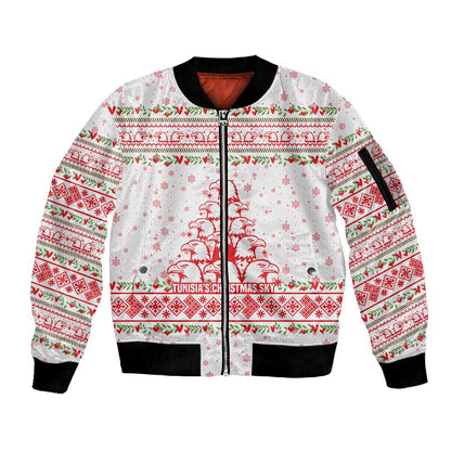 Tunisia Christmas Sleeve Zip Bomber Jacket Falcon Tree Snowflake and Festive Borders - African Pride