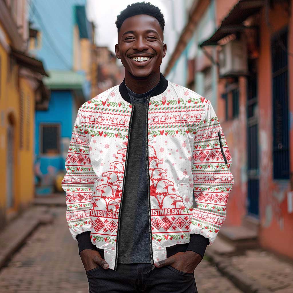 Tunisia Christmas Sleeve Zip Bomber Jacket Falcon Tree Snowflake and Festive Borders - African Pride