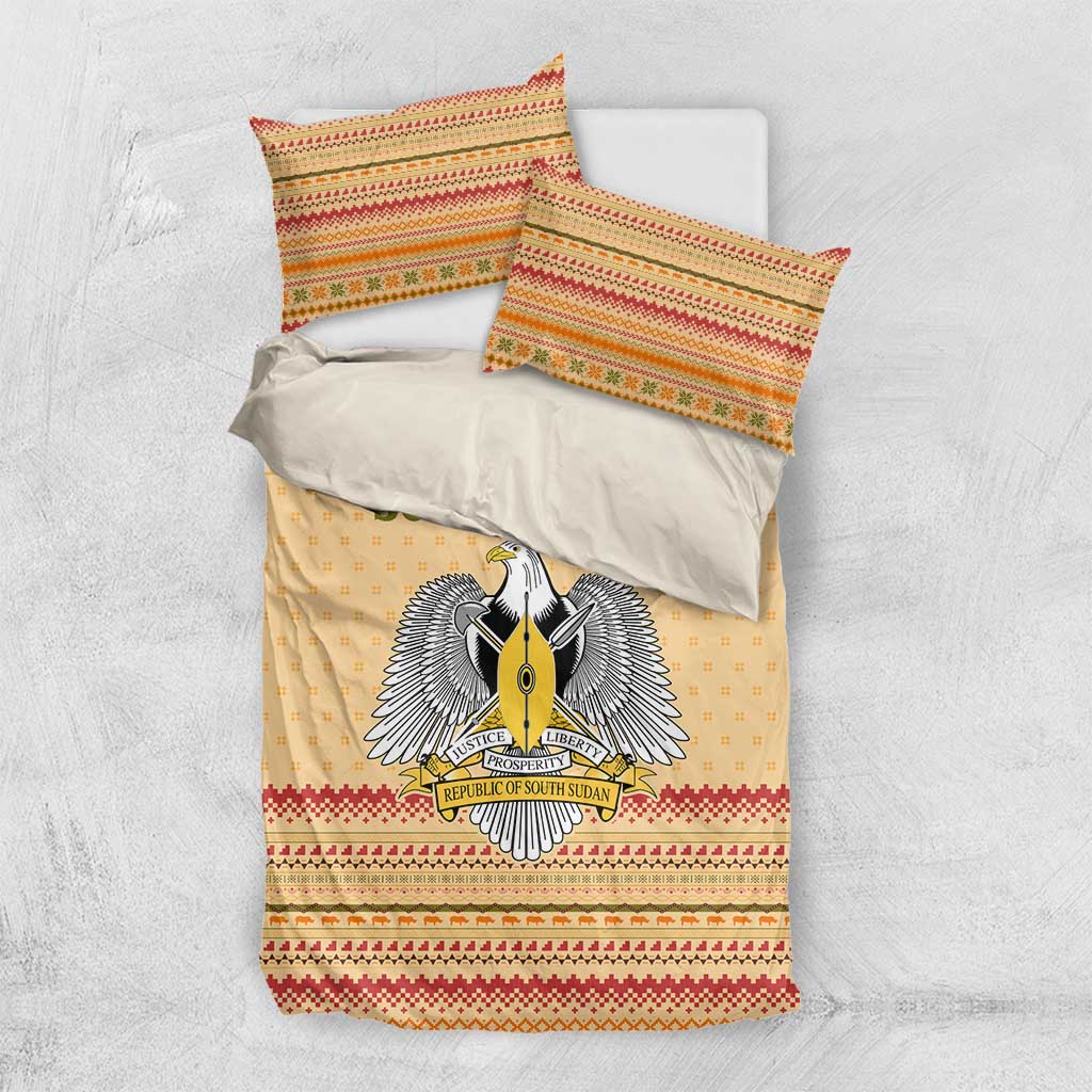 South Sudan Christmas Bedding Set Beige Tribal Pattern, National Emblem, and Green Star Motif - African Pride