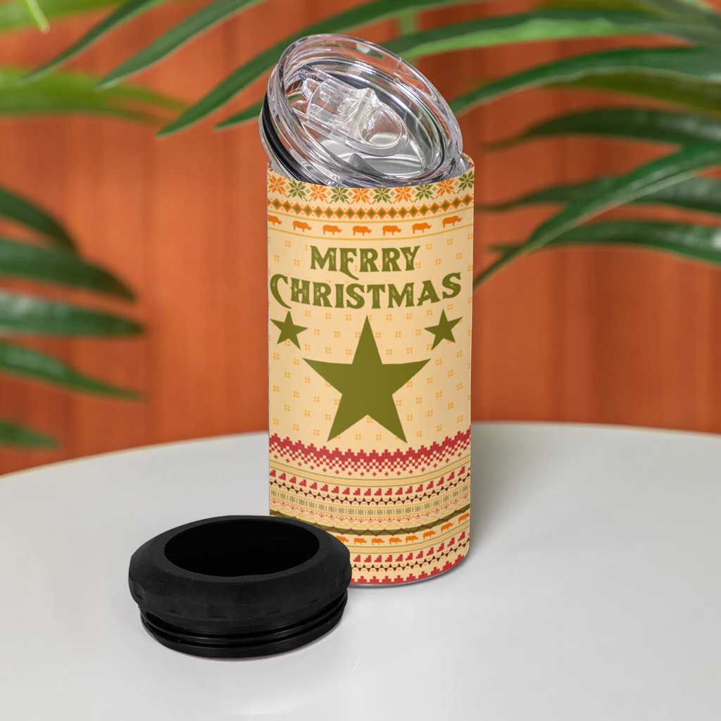 South Sudan Christmas 4 in 1 Can Cooler Tumbler Beige Tribal Pattern, National Emblem, and Green Star Motif - African Pride