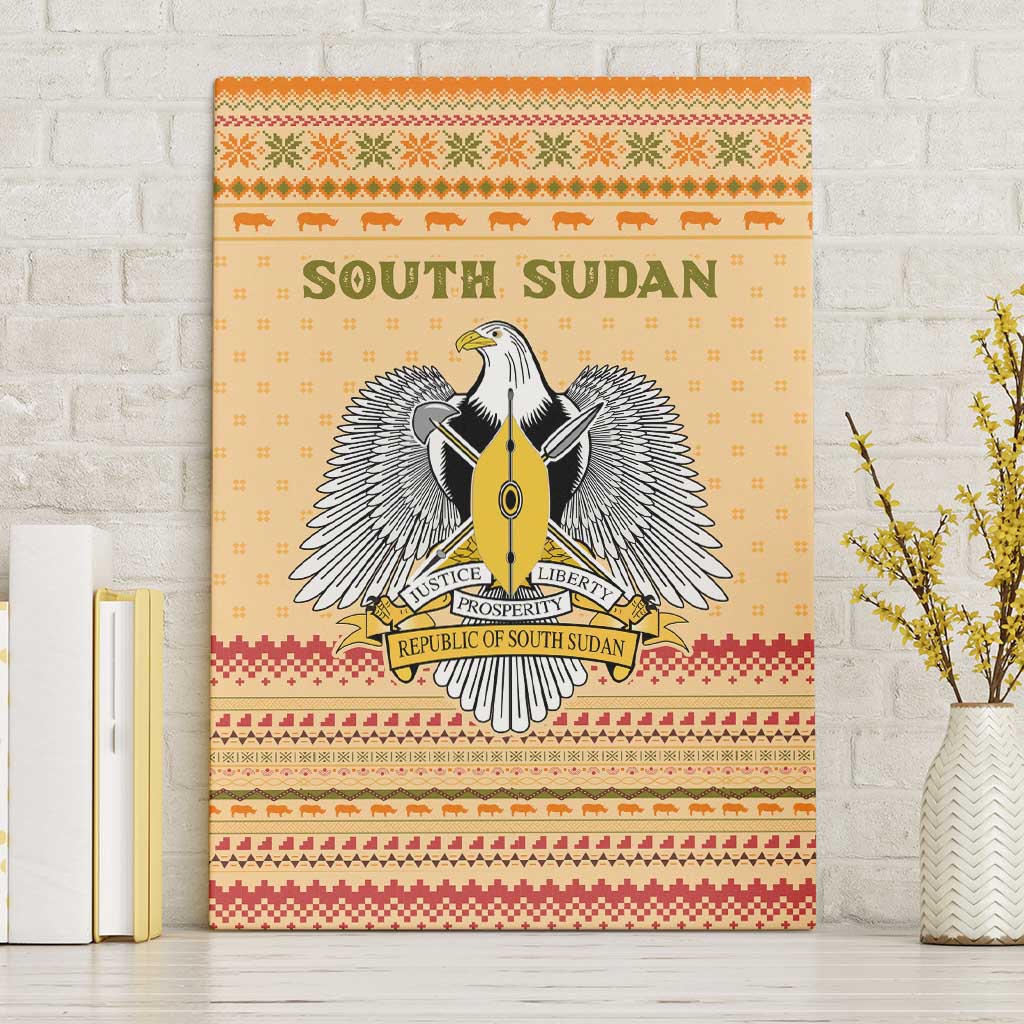 South Sudan Christmas Canvas Wall Art Beige Tribal Pattern, National Emblem, and Green Star Motif - African Pride
