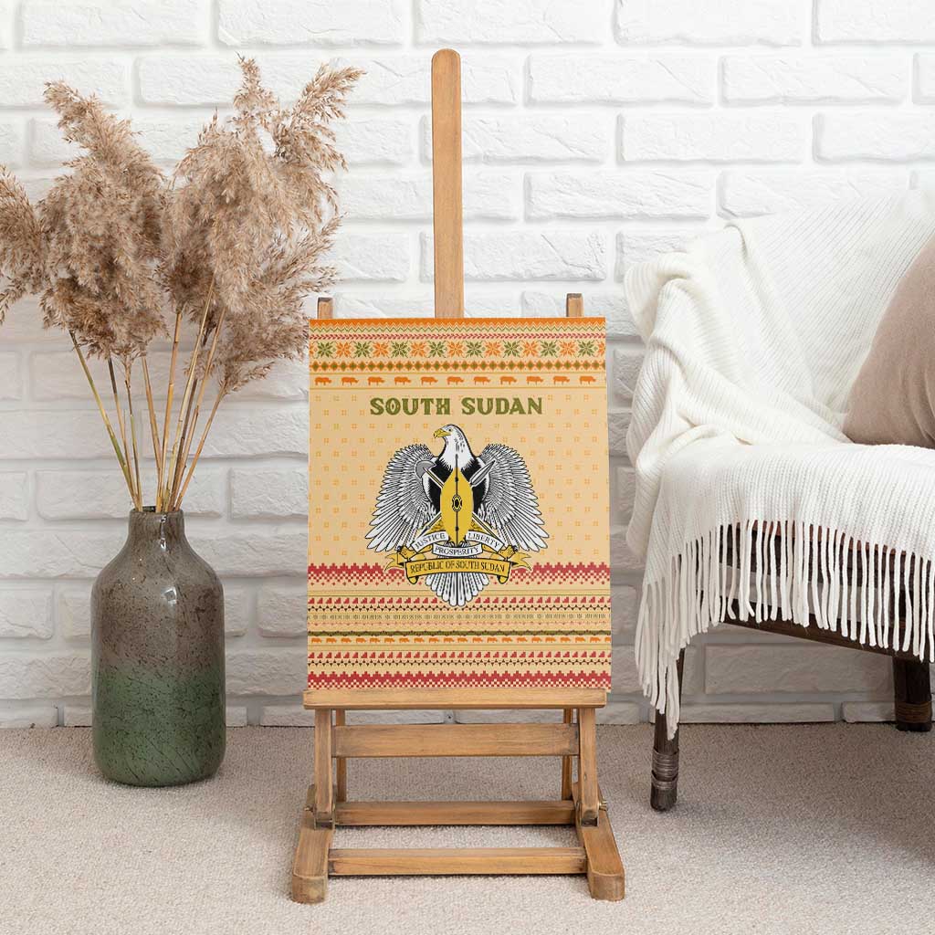 South Sudan Christmas Canvas Wall Art Beige Tribal Pattern, National Emblem, and Green Star Motif - African Pride
