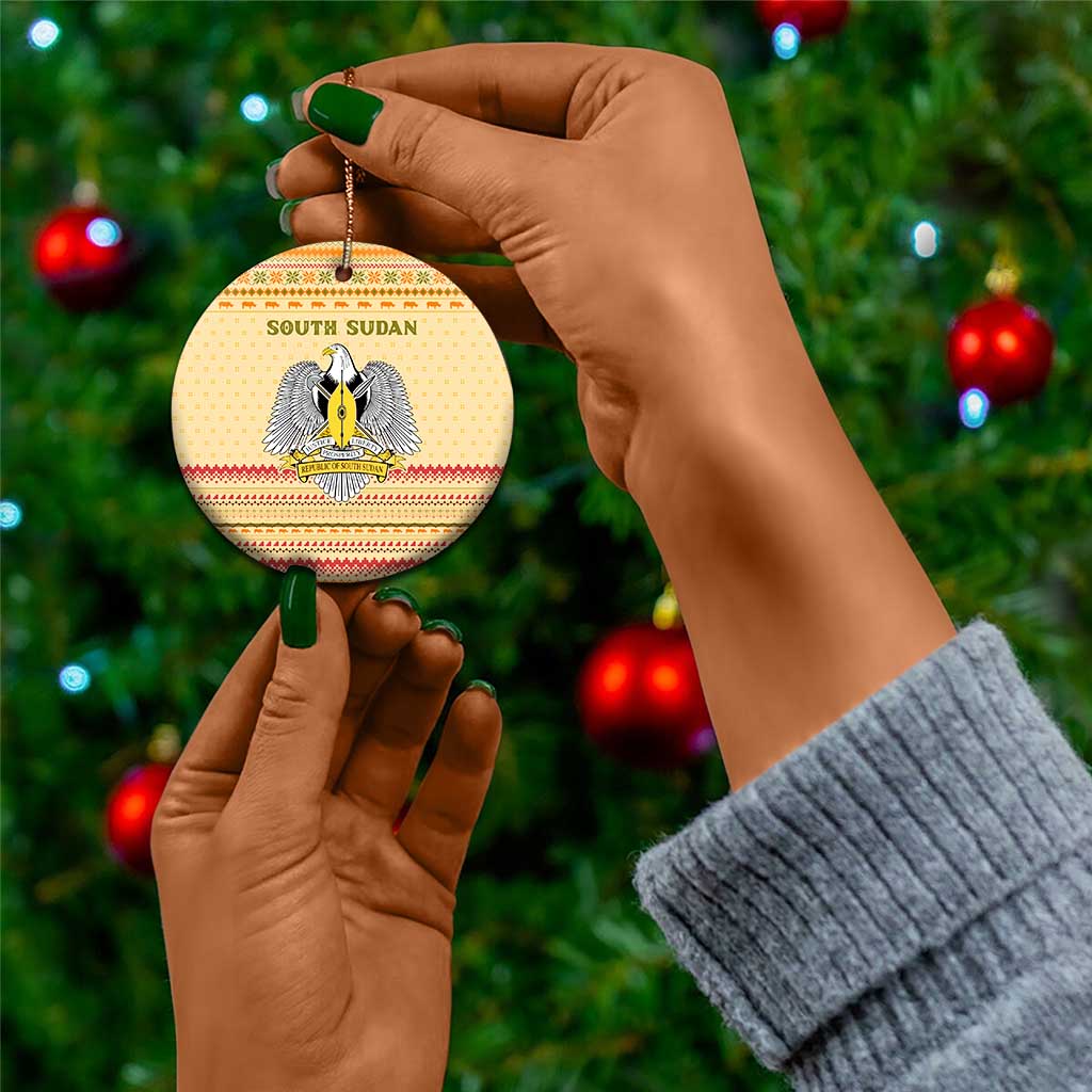 South Sudan Christmas Ceramic Ornament Beige Tribal Pattern, National Emblem, and Green Star Motif - African Pride