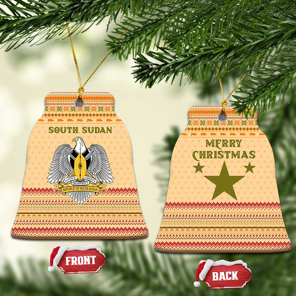 South Sudan Christmas Ceramic Ornament Beige Tribal Pattern, National Emblem, and Green Star Motif - African Pride