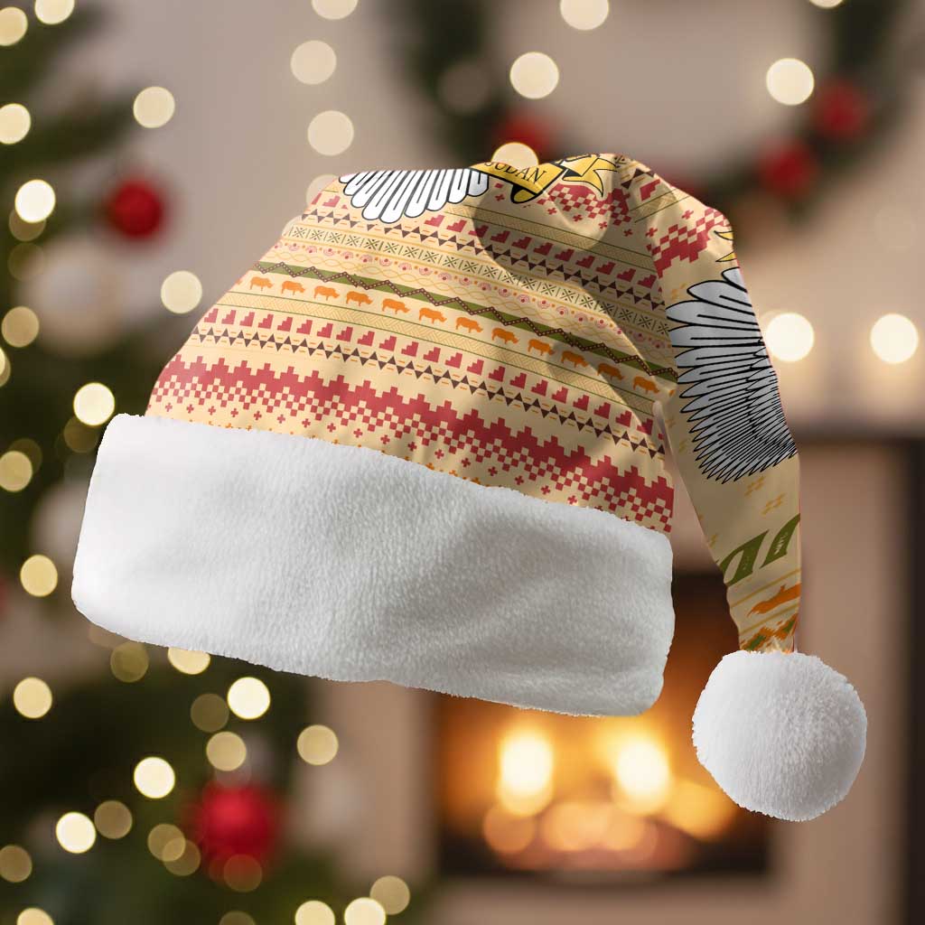 South Sudan Christmas Santa Hat Beige Tribal Pattern, National Emblem, and Green Star Motif - African Pride