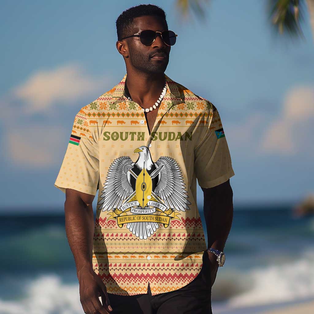 South Sudan Christmas Hawaiian Shirt Beige Tribal Pattern, National Emblem, and Green Star Motif - African Pride